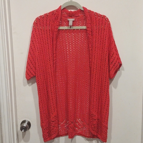 Chico's Sweaters - Chico's Salmon Pink Open Front Knit Short Sleeve Cardigan Sz 3 (XL 16-18)-Casual